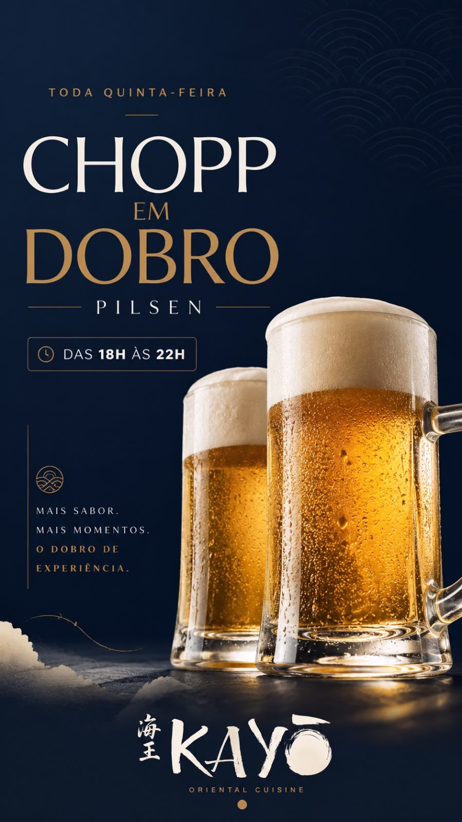 Chopp em Dobro no Kayō — toda quinta-feira, das 18h às 22h, chopp pilsen em dobro